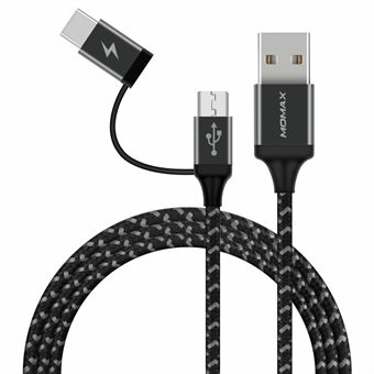 MOMAX ZERO 1m Micro USB + Type-C Sync Nylon Braided Charging Data Cable - Black