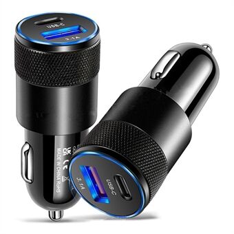 15W 3.1A USB+PD Type-C Port Mini Car Charger Aluminum Alloy Phone Fast Charging Adapter - Black