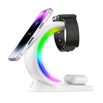 T17 3-in-1 RGB Light Magnetic Wireless Charger for iPhone 12 / 13 / 14 / 15 Series Desktop Fast Charging Stand Compatible with MagSafe