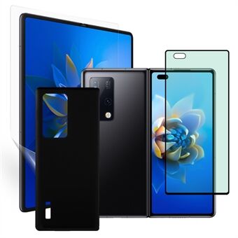 Green Light Tempered Glass Front Screen Protector + Full Glue HD Clear TPU Film + 3D Hot Bending Side Glue Tempered Glass Phone Back Protector for Huawei Mate X2