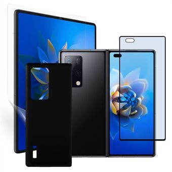 Purple Light Tempered Glass Front Screen Protector + Full Glue HD Clear TPU Film + 3D Hot Bending Side Glue Tempered Glass Phone Back Protector for Huawei Mate X2