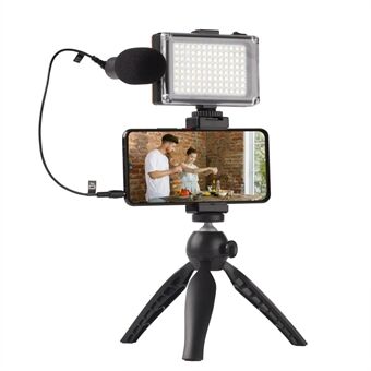 VK-03 Desktop Mobile Phone 360-Degree Rotating Tripod Stand Microphone Fill Light Combo Set for Live Streaming Photography Kit