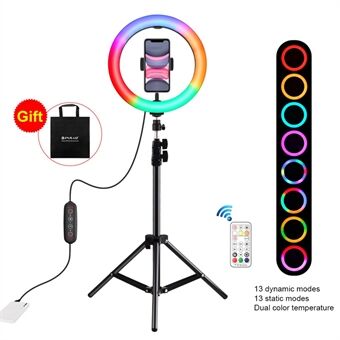 PULUZ PKT3081B 10.2-inch 26cm Marquee LED RGBWW Light + 1.1m Tripod Mount 168 LED Dual-color Temperature Dimmable Fill Lights with Cold Shoe Tripod Ball Head & Remote Control & Phone Clamp