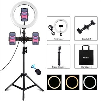 PULUZ PKT3070B Dual Phone Brackets Horizontal Holder + 1.1m Tripod Mount + 10.2-inch 26cm Dimmable Dual Color Temperature LED Ring Lights with Phone Clamp & Selfie Remote Control