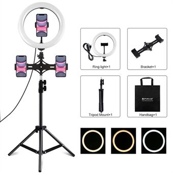 PULUZ PKT3053B Dual Phone Brackets Horizontal Holder + 1.1m Tripod Mount + 10.2-inch 26cm LED Ring Light with Phone Clamp Live Broadcast Kits