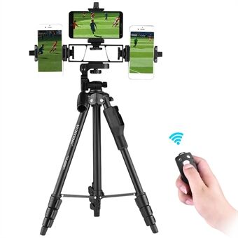 YUNTENG VCT-6808 Multifunctional Mobile Phone Tripod Stand 4 Sections Adjustable Tripod with 3 Mobile Phone Holders/Ball Gimbal/Remote Control