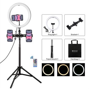 PULUZ PKT3077B 11.8-inch 30cm RGBW Light + 1.65m Mount + Dual Phone Brackets RGBW Dimmable LED Fill Light Live Broadcast Kits with Cold Shoe Tripod Adapter & Phone Clamp & Remote Control