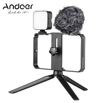 Andoer Smartphone Video Cage Kit Including 2pcs Mini LED Fill Lights + Mini Microphone + Handheld Smartphone Video Bracket + Mini Desktop Tripod Stand