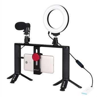 PULUZ PKT3028 Cell Phone Aluminum Alloy Cage Frame Set with Ring Fill Light Microphone Mini Tripod for Live Streaming Compatible with 45-93 Devices